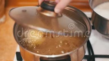 烧水壶中的洋葱是在家庭炉灶上准备的。 慢动作